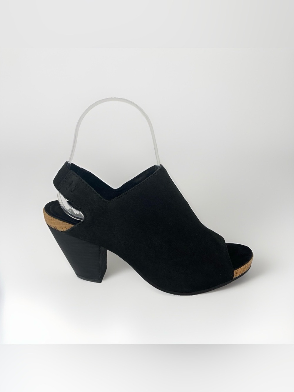 Eileen Fisher Black Suede Peep Toe Cone Heel Slingback sandal Sz 7.5 Cork Comfy